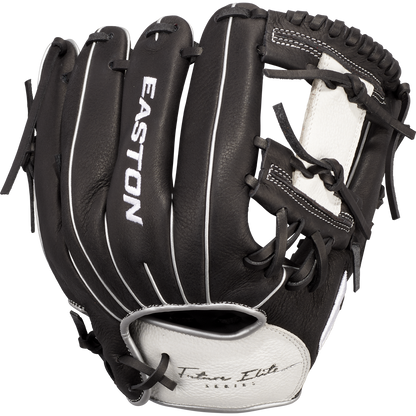 The Easton Future Elite 11" Baseball Glove (FE11-BKWH) is a black and white youth glove with white stitching and laces, the Easton logo, and "Team Elite Series" on the wrist.