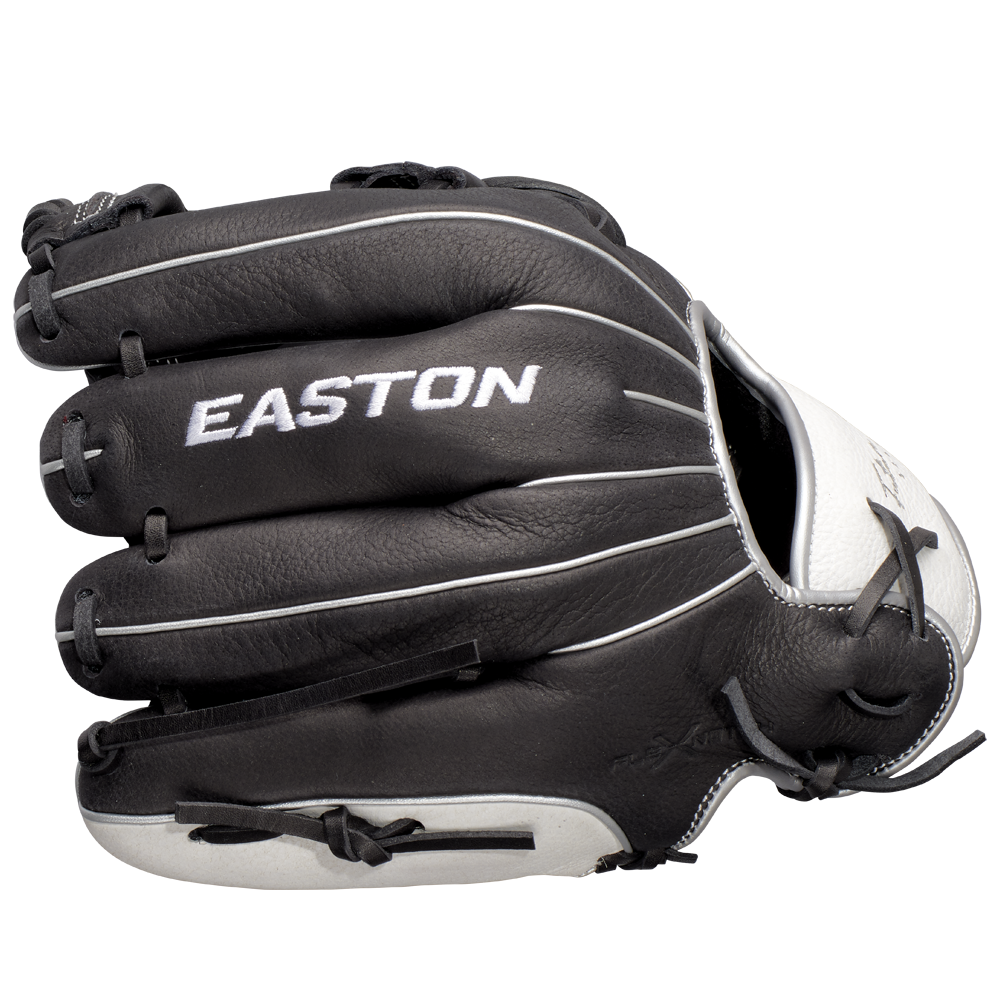 The Easton Future Elite 11" Baseball Glove (FE11-BKWH) is shown in black and white from the side, featuring the EASTON brand name stitched in white on the back.