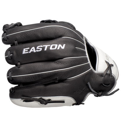 The Easton Future Elite 11" Baseball Glove (FE11-BKWH) is shown in black and white from the side, featuring the EASTON brand name stitched in white on the back.