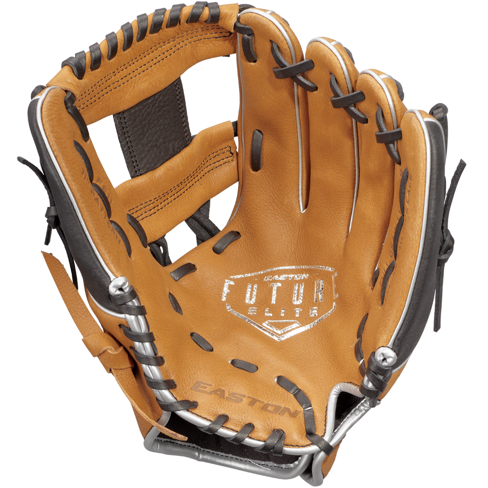 The Easton Future Elite 11" Baseball Glove (FE11-CRBK) features a tan design with black laces, "Future Elite" and "Easton" branded on the palm, and is ideal for young players seeking a quality youth baseball glove.
