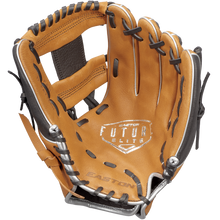 The Easton Future Elite 11" Baseball Glove (FE11-CRBK) features a tan design with black laces, "Future Elite" and "Easton" branded on the palm, and is ideal for young players seeking a quality youth baseball glove.