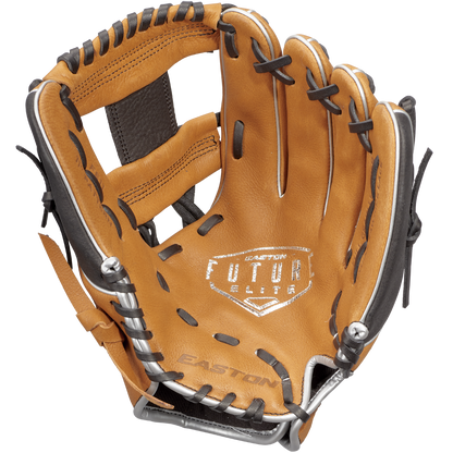 The Easton Future Elite 11" Baseball Glove (FE11-CRBK) features a tan design with black laces, "Future Elite" and "Easton" branded on the palm, and is ideal for young players seeking a quality youth baseball glove.