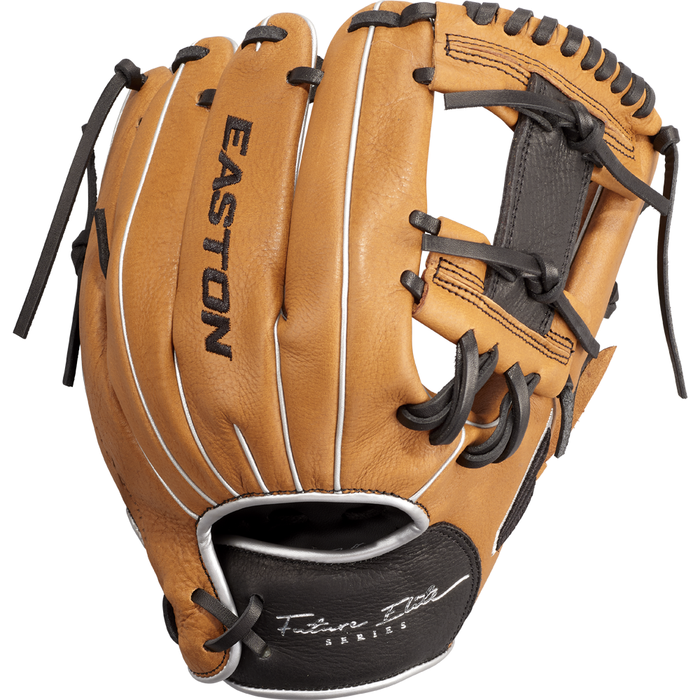 The Easton Future Elite 11" Baseball Glove: FE11-CRBK features a tan and black design with black laces, white stitching, the Easton logo on the back, plus a signature and Series marking near the wrist.