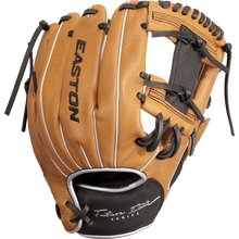 The Easton Future Elite 11" Baseball Glove: FE11-CRBK features a tan and black design with black laces, white stitching, the Easton logo on the back, plus a signature and Series marking near the wrist.