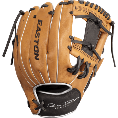 The Easton Future Elite 11" Baseball Glove: FE11-CRBK features a tan and black design with black laces, white stitching, the Easton logo on the back, plus a signature and Series marking near the wrist.