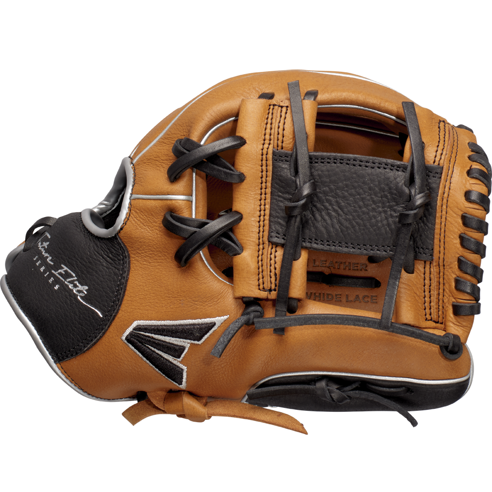 An Easton Future Elite 11" Baseball Glove (FE11-CRBK) in tan and black, featuring black laces, white stitching, and embossed LEATHER and HIDE LACE on the palm. Shown from the thumb side. Brand: Easton.