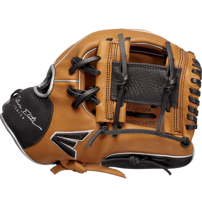 An Easton Future Elite 11" Baseball Glove (FE11-CRBK) in tan and black, featuring black laces, white stitching, and embossed LEATHER and HIDE LACE on the palm. Shown from the thumb side. Brand: Easton.