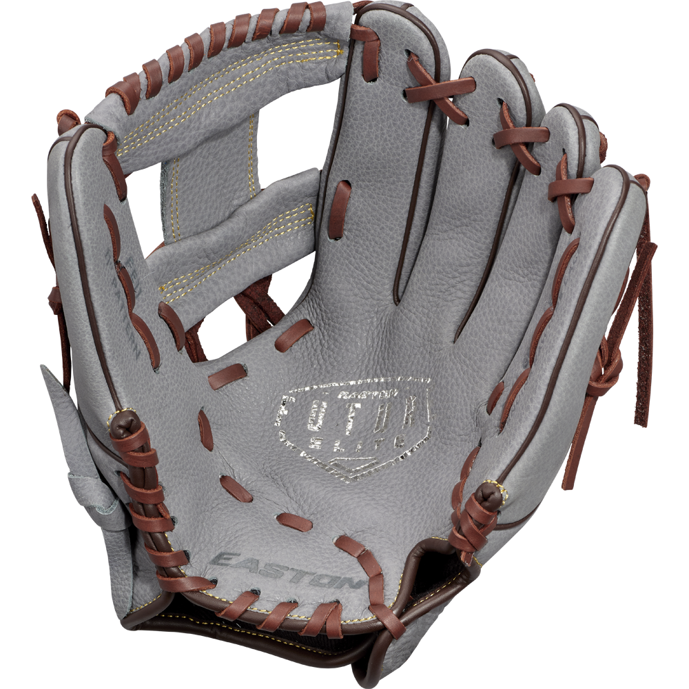 The Easton Future Elite 11" Baseball Glove (FE11-GYBR) features gray leather, brown laces, and visible stitching. Displayed palm up, it showcases the Easton brand and Ultra Select logo—ideal for young players.