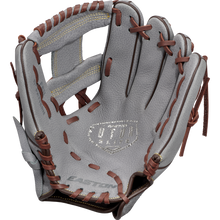 The Easton Future Elite 11" Baseball Glove (FE11-GYBR) features gray leather, brown laces, and visible stitching. Displayed palm up, it showcases the Easton brand and Ultra Select logo—ideal for young players.