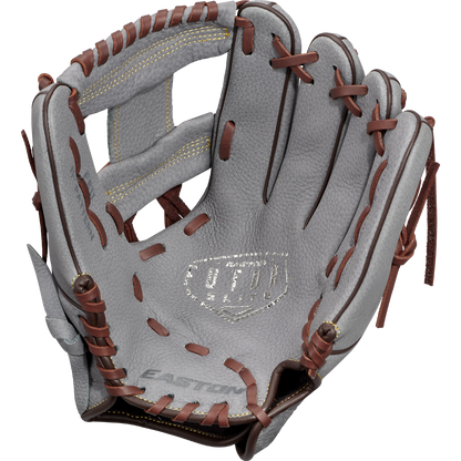 The Easton Future Elite 11" Baseball Glove (FE11-GYBR) features gray leather, brown laces, and visible stitching. Displayed palm up, it showcases the Easton brand and Ultra Select logo—ideal for young players.