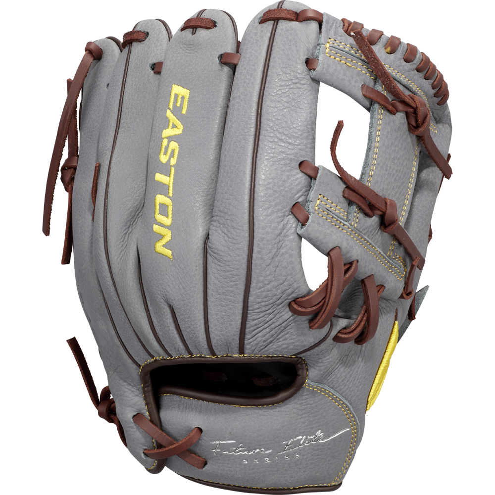 The Easton Future Elite 11" Baseball Glove (FE11-GYBR) features gray leather, brown laces, yellow Easton branding, an open web design, and signature embroidery by the wrist—ideal for young athletes.