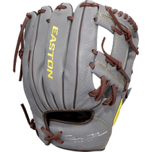 The Easton Future Elite 11" Baseball Glove (FE11-GYBR) features gray leather, brown laces, yellow Easton branding, an open web design, and signature embroidery by the wrist—ideal for young athletes.