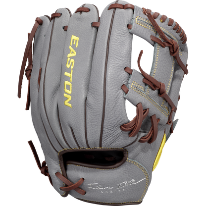 The Easton Future Elite 11" Baseball Glove (FE11-GYBR) features gray leather, brown laces, yellow Easton branding, an open web design, and signature embroidery by the wrist—ideal for young athletes.