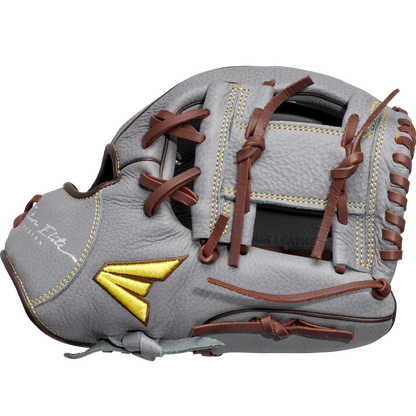 The Easton Future Elite 11" Baseball Glove (FE11-GYBR) features a gray design with brown laces, yellow stitching, signature on the thumb, and a gold embroidered Easton logo on the side, displayed against a plain white background.