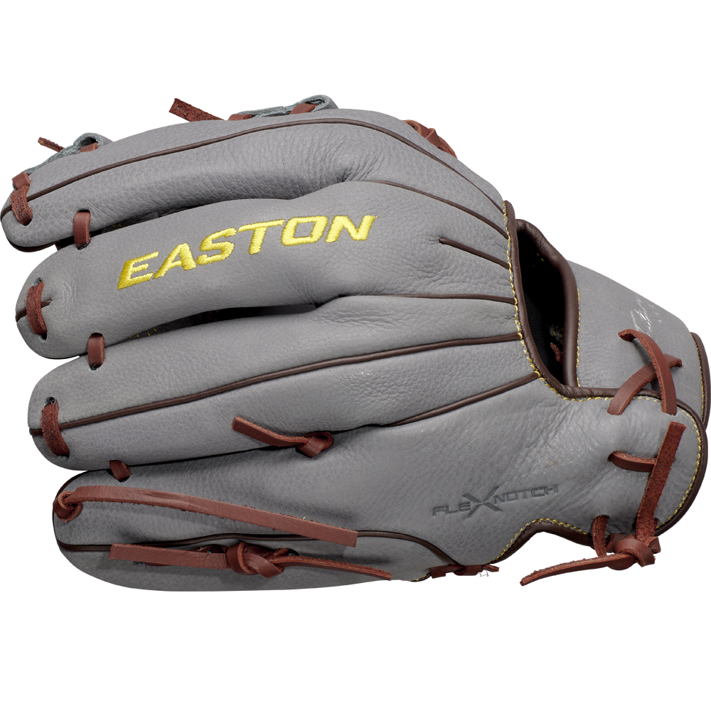 The Easton Future Elite 11" Baseball Glove (FE11-GYBR) features a gray design with brown laces and yellow EASTON text on the back, shown on a plain white background. Ideal for 11U players seeking quality from Easton.