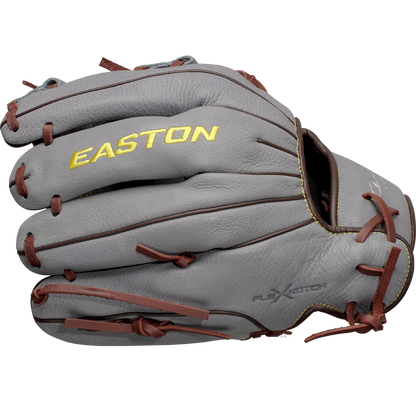The Easton Future Elite 11" Baseball Glove (FE11-GYBR) features a gray design with brown laces and yellow EASTON text on the back, shown on a plain white background. Ideal for 11U players seeking quality from Easton.