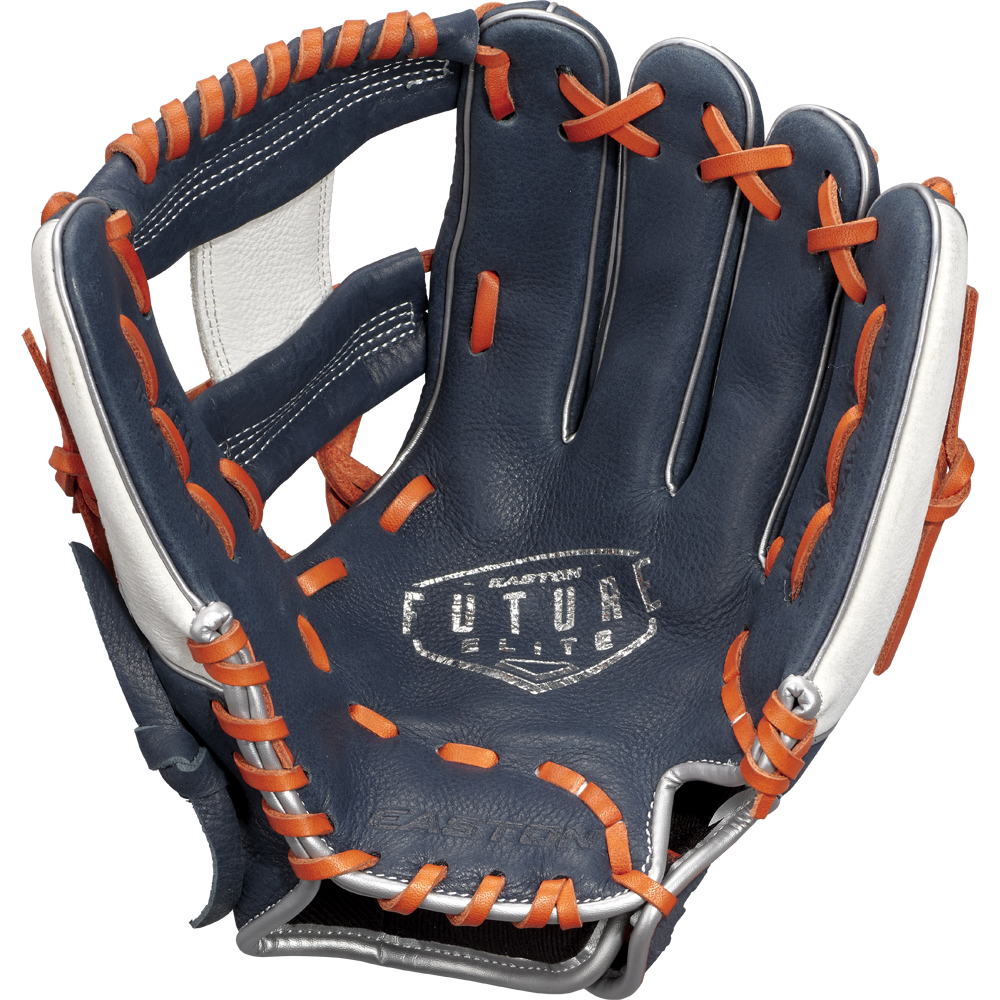 The Easton Future Elite 11" Baseball Glove (FE11-NYOR) features a navy blue design with orange laces, silver trim, and white stitching, plus "FUTURE" printed on the palm—ideal for young players seeking comfort and style.