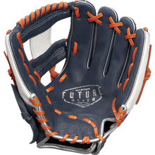 The Easton Future Elite 11" Baseball Glove (FE11-NYOR) features a navy blue design with orange laces, silver trim, and white stitching, plus "FUTURE" printed on the palm—ideal for young players seeking comfort and style.
