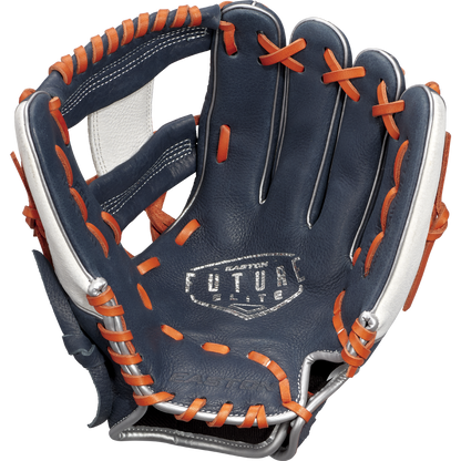 The Easton Future Elite 11" Baseball Glove (FE11-NYOR) features a navy blue design with orange laces, silver trim, and white stitching, plus "FUTURE" printed on the palm—ideal for young players seeking comfort and style.