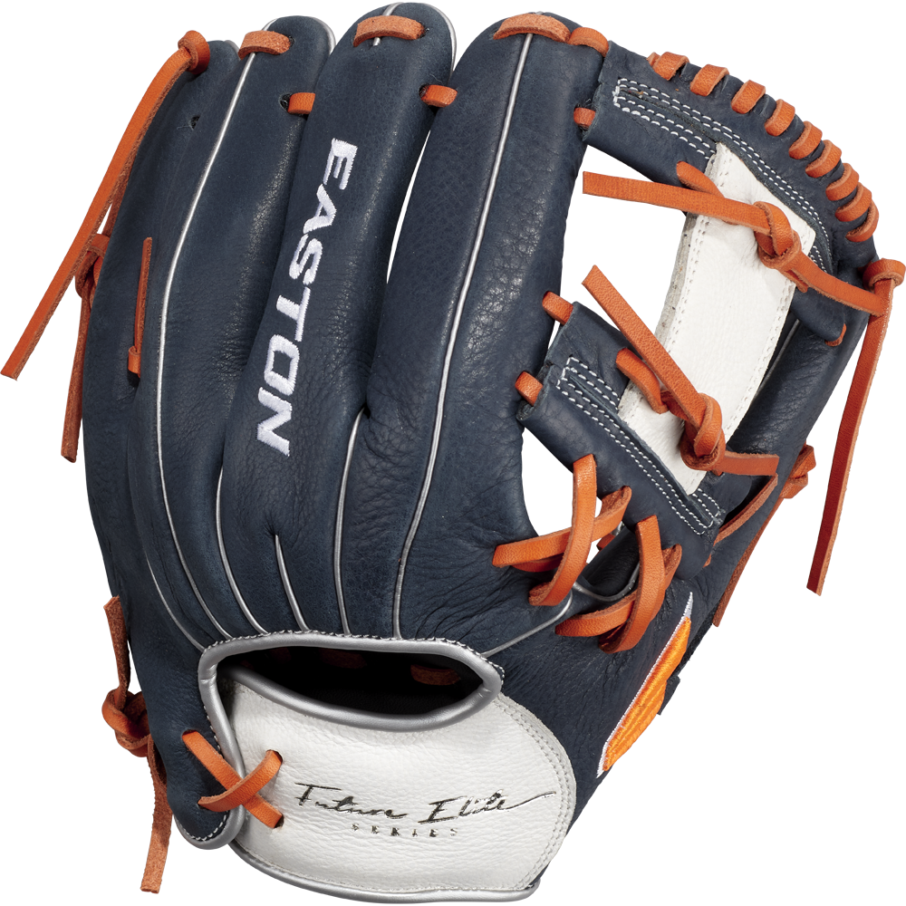 The Easton Future Elite 11" Baseball Glove (FE11-NYOR) features a navy blue and white design with orange laces, Easton branding on the back, and "Tan Elite Series" near the wrist—an ideal choice for 11U players seeking quality.