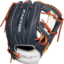The Easton Future Elite 11" Baseball Glove (FE11-NYOR) features a navy blue and white design with orange laces, Easton branding on the back, and "Tan Elite Series" near the wrist—an ideal choice for 11U players seeking quality.