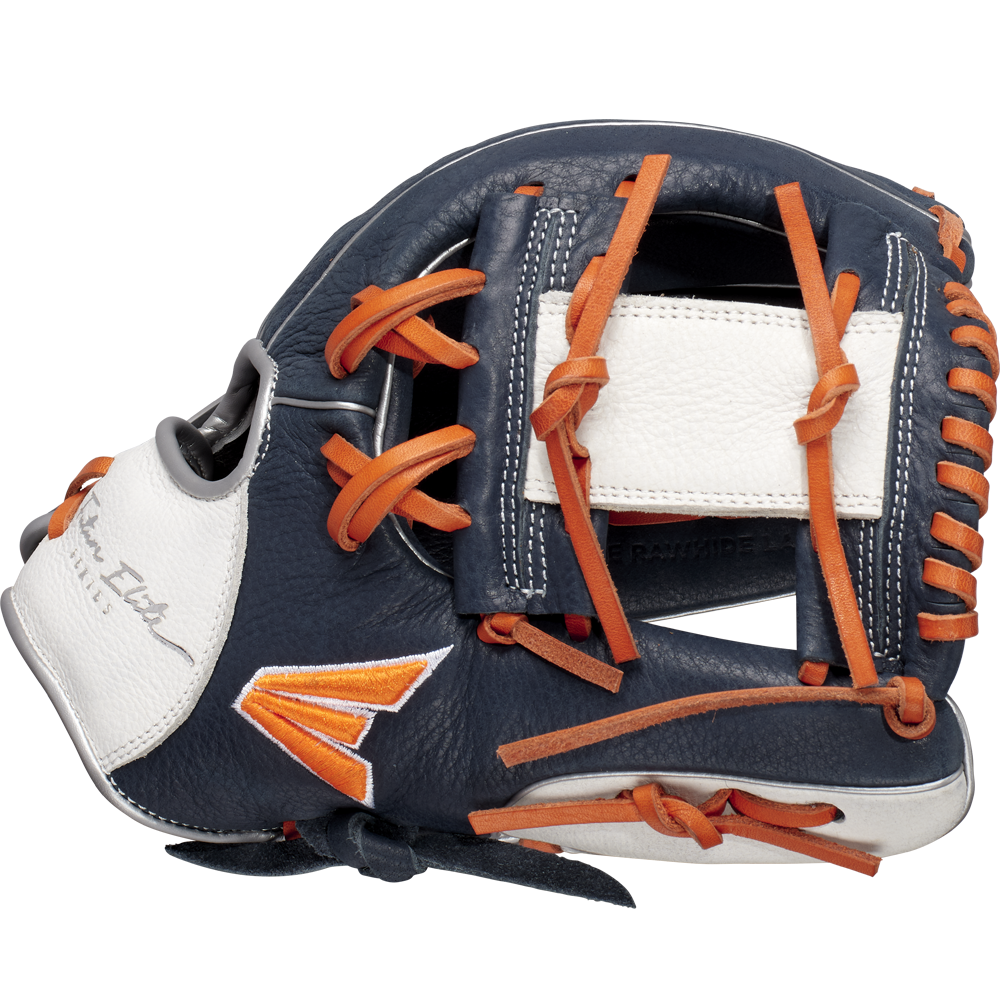 The Easton Future Elite 11" Baseball Glove (FE11-NYOR) features a navy blue, white, and orange design with orange laces, a white back patch, and embroidered accents—perfect as an 11U glove.