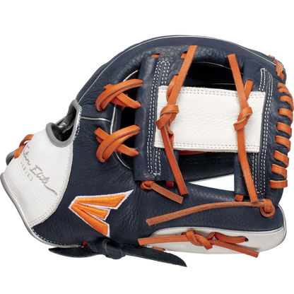The Easton Future Elite 11" Baseball Glove (FE11-NYOR) features a navy blue, white, and orange design with orange laces, a white back patch, and embroidered accents—perfect as an 11U glove.