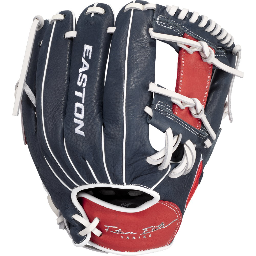 The Easton Future Elite 11" Baseball Glove (FE11-NYRD) features dark blue and red color, white laces and stitching, the Easton brand, and Finn I.D. on the palm—ideal for aspiring youth baseball players.