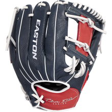 The Easton Future Elite 11" Baseball Glove (FE11-NYRD) features dark blue and red color, white laces and stitching, the Easton brand, and Finn I.D. on the palm—ideal for aspiring youth baseball players.