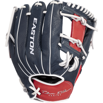 The Easton Future Elite 11" Baseball Glove (FE11-NYRD) features dark blue and red color, white laces and stitching, the Easton brand, and Finn I.D. on the palm—ideal for aspiring youth baseball players.