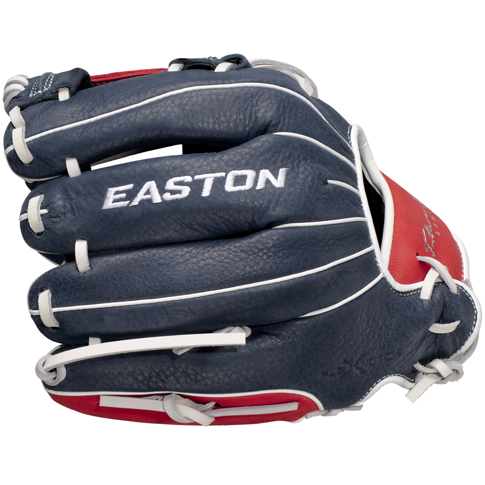 A closed Easton Future Elite 11" Baseball Glove (FE11-NYRD) in navy blue, red, and white with white stitching and laces by Easton is displayed on a plain white background.