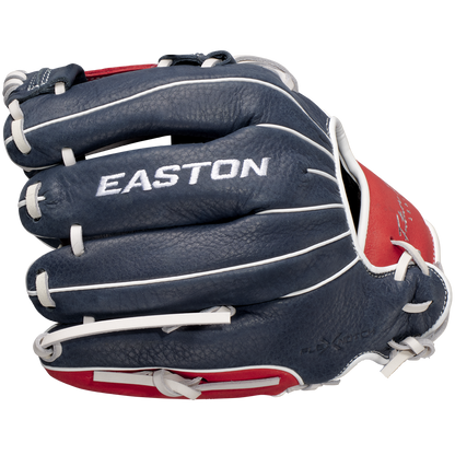 A closed Easton Future Elite 11" Baseball Glove (FE11-NYRD) in navy blue, red, and white with white stitching and laces by Easton is displayed on a plain white background.