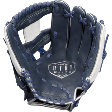The Easton Future Elite 11" Baseball Glove (FE11-NYWH) features a dark blue and white design with blue laces and the Easton logo on the palm—open to reveal detailed inner stitching, it’s ideal for young players seeking quality and style.