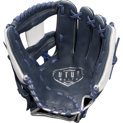 The Easton Future Elite 11" Baseball Glove (FE11-NYWH) features a dark blue and white design with blue laces and the Easton logo on the palm—open to reveal detailed inner stitching, it’s ideal for young players seeking quality and style.