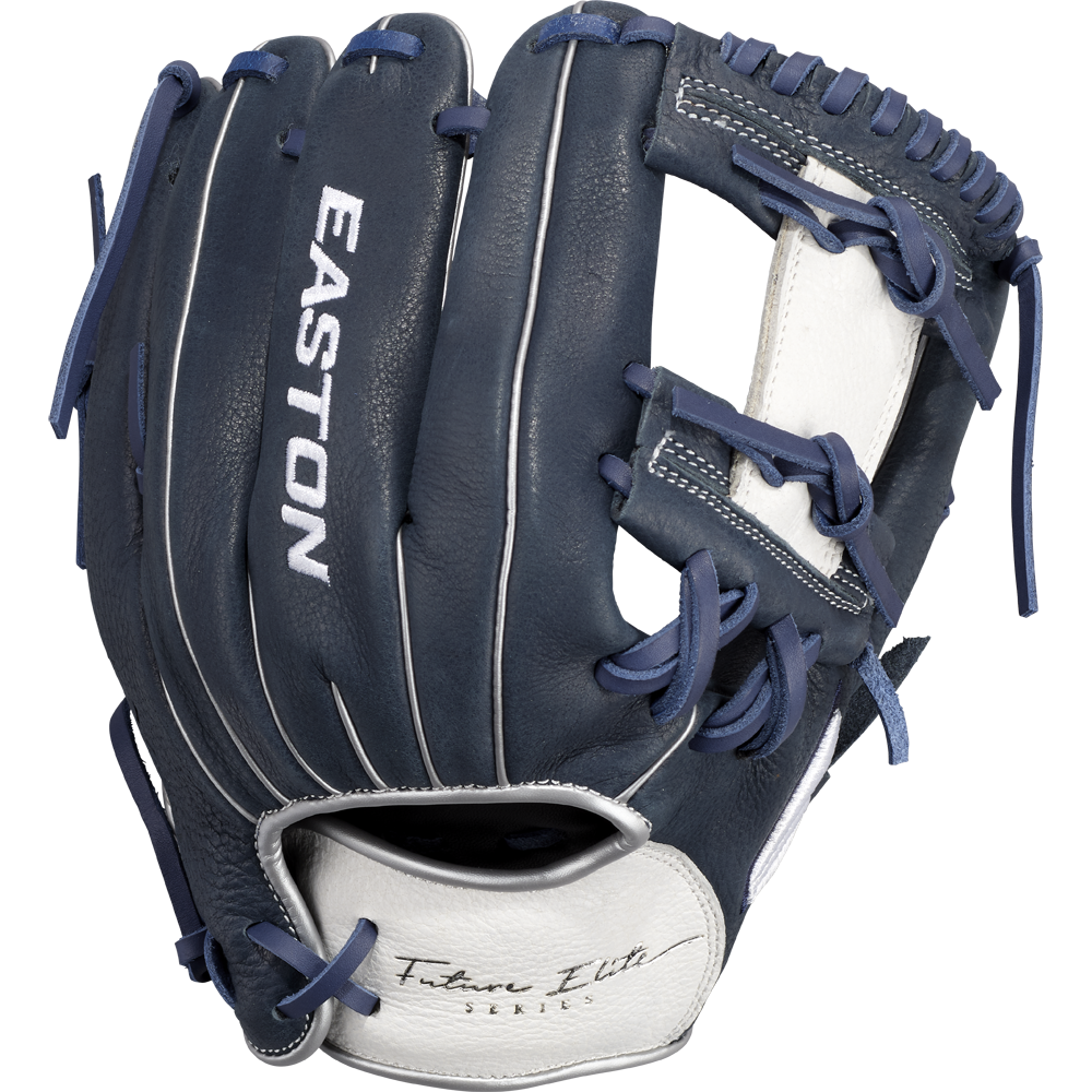 The Easton Future Elite 11" Baseball Glove (FE11-NYWH) features a dark blue and white design with blue laces, an open web, and "Future Elite Series" on the wrist—ideal for youth players seeking quality from Easton.