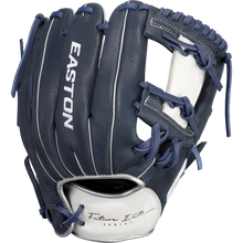 The Easton Future Elite 11" Baseball Glove (FE11-NYWH) features a dark blue and white design with blue laces, an open web, and "Future Elite Series" on the wrist—ideal for youth players seeking quality from Easton.
