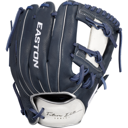 The Easton Future Elite 11" Baseball Glove (FE11-NYWH) features a dark blue and white design with blue laces, an open web, and "Future Elite Series" on the wrist—ideal for youth players seeking quality from Easton.