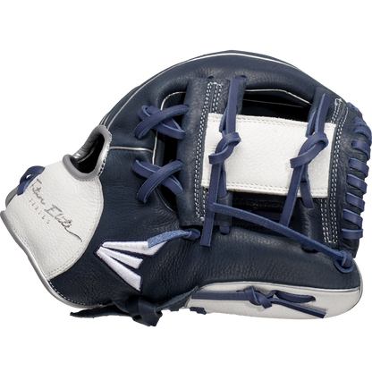 The Easton Future Elite 11" Baseball Glove: FE11-NYWH features a navy blue and white design with blue laces, closed web, and visible stitching. This youth glove from Easton is perfect for aspiring baseball players.