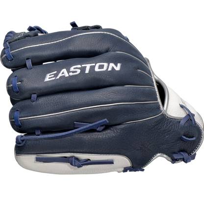 The Easton Future Elite 11" Baseball Glove: FE11-NYWH is a navy blue and white youth glove featuring visible stitching, laces, and the EASTON brand printed in white—an ideal choice for aspiring baseball players.
