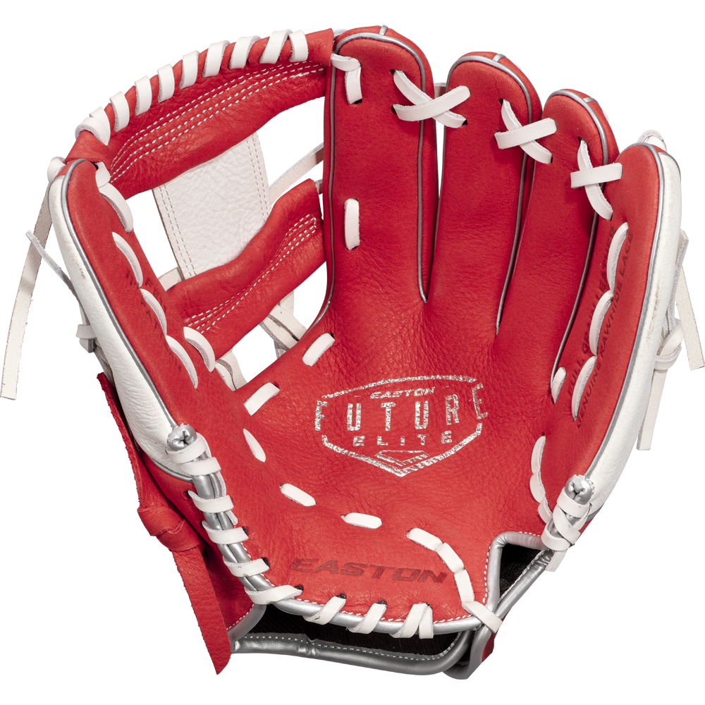 The Easton Future Elite 11" Baseball Glove: FE11-RDWH is a youth glove in red and white with white laces, featuring the Easton name on the palm. Its open design shows inner padding and detailed craftsmanship.