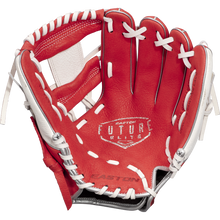 The Easton Future Elite 11" Baseball Glove: FE11-RDWH is a youth glove in red and white with white laces, featuring the Easton name on the palm. Its open design shows inner padding and detailed craftsmanship.