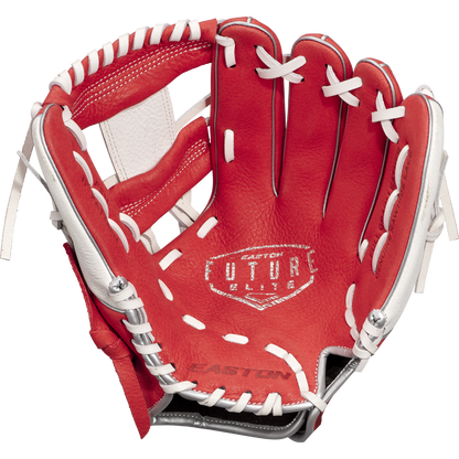 The Easton Future Elite 11" Baseball Glove: FE11-RDWH is a youth glove in red and white with white laces, featuring the Easton name on the palm. Its open design shows inner padding and detailed craftsmanship.