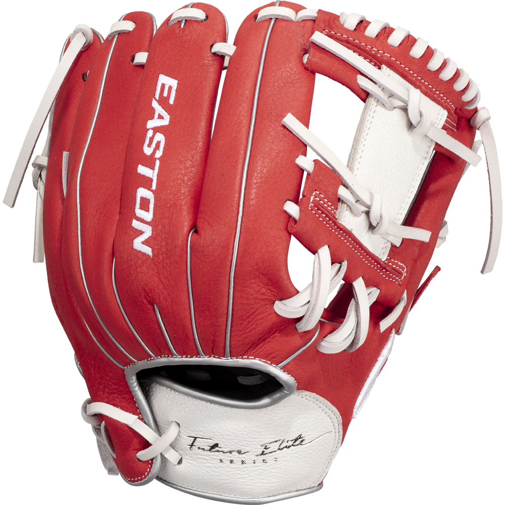 The Easton Future Elite 11" Baseball Glove (FE11-RDWH) is a red and white youth glove with "Easton" in white letters and "Team Elite Series" near the wrist, shown on a plain white background.