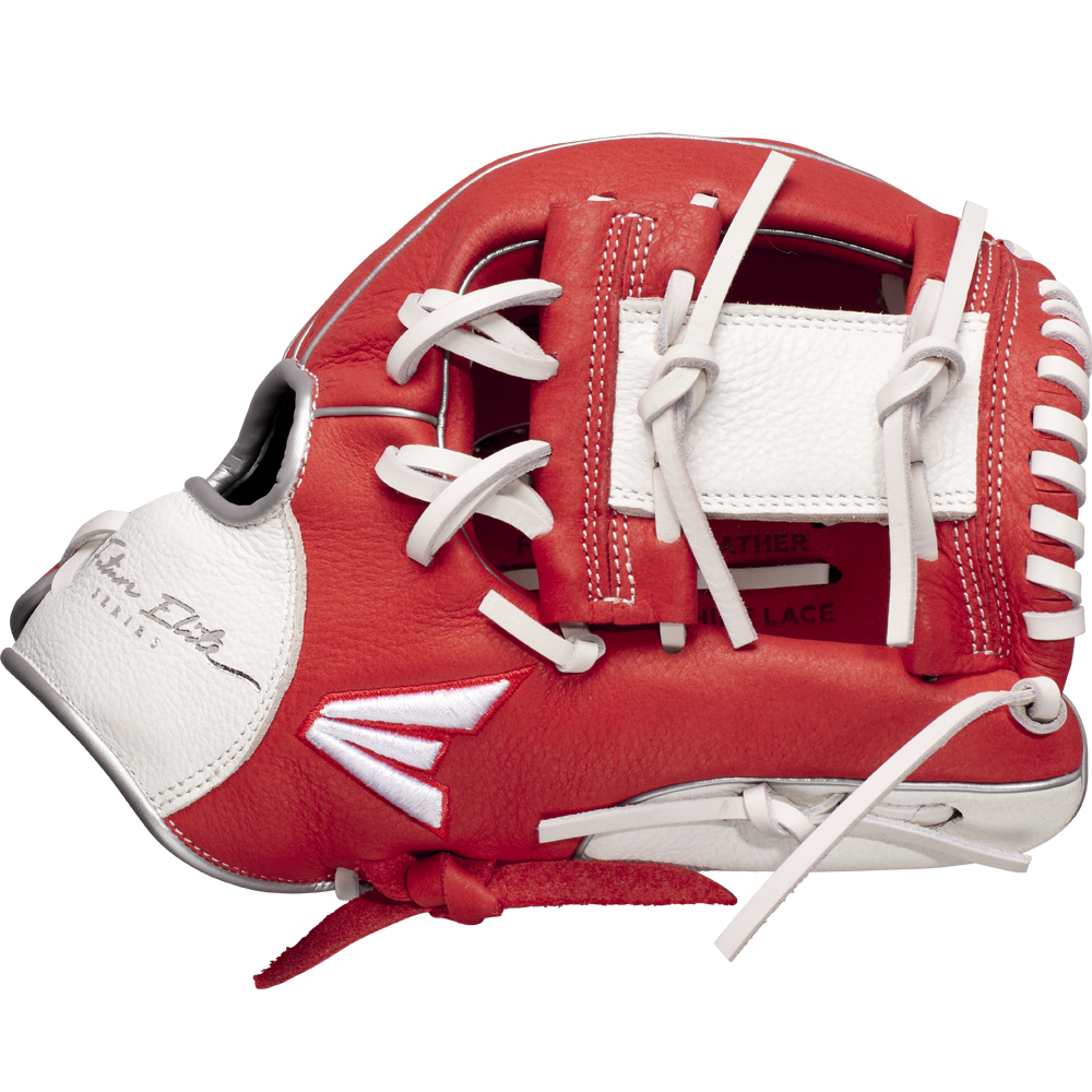 The Easton Future Elite 11" Baseball Glove (FE11-RDWH) features a red and white design with white lacing, signature thumb detail, and rectangular web—ideal for youth players.