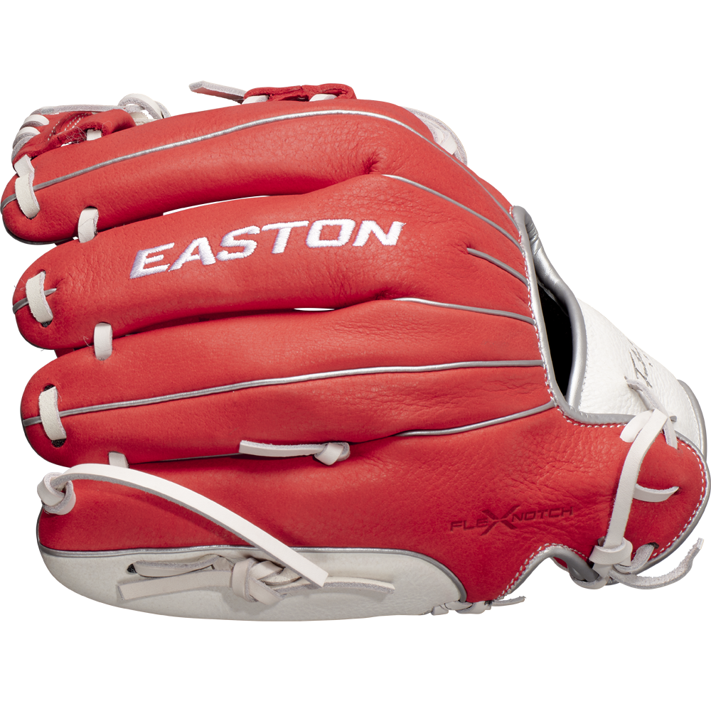 The Easton Future Elite 11" Baseball Glove (FE11-RDWH) features a red and white design with white laces, shown from the side with the Easton brand name embroidered on the back.