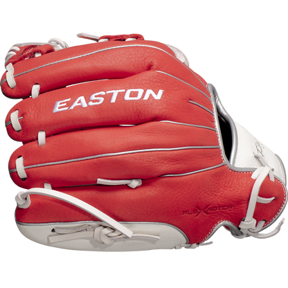 The Easton Future Elite 11" Baseball Glove (FE11-RDWH) features a red and white design with white laces, shown from the side with the Easton brand name embroidered on the back.