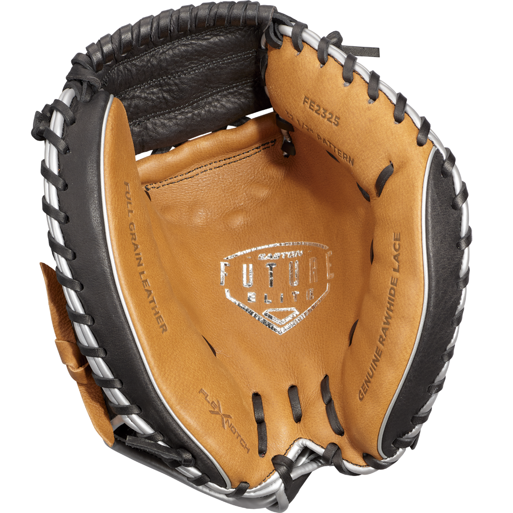A close-up of the Easton Future Elite 32.5" Baseball Catcher's Mitt: FE2325 shows its brown and black design, detailed stitching, and embossed labels like Full Grain Leather, Genuine Rawhide Lace, and Future Elite on the palm.