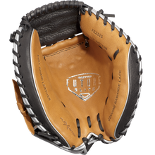 A close-up of the Easton Future Elite 32.5" Baseball Catcher's Mitt: FE2325 shows its brown and black design, detailed stitching, and embossed labels like Full Grain Leather, Genuine Rawhide Lace, and Future Elite on the palm.