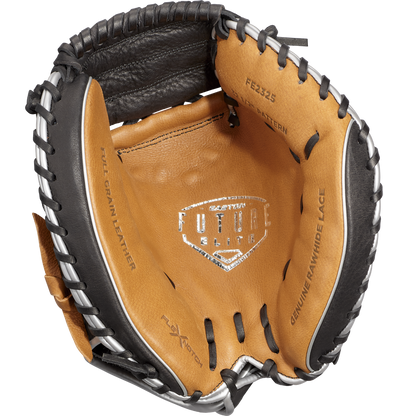 A close-up of the Easton Future Elite 32.5" Baseball Catcher's Mitt: FE2325 shows its brown and black design, detailed stitching, and embossed labels like Full Grain Leather, Genuine Rawhide Lace, and Future Elite on the palm.