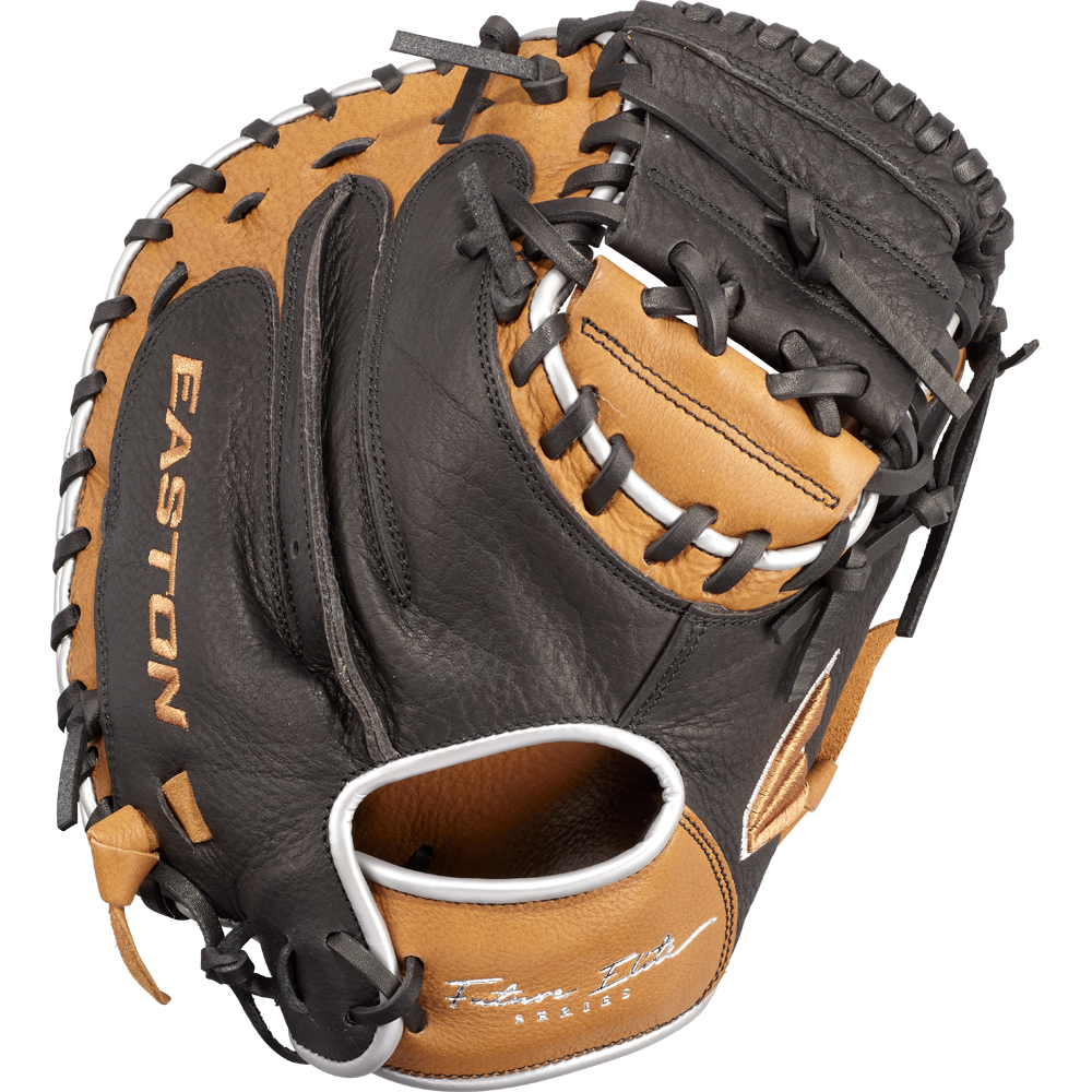 The Easton Future Elite 32.5" Baseball Catcher's Mitt (FE2325) by Easton is shown in brown and black with white stitching, black laces, and an open pocket against a plain white background.